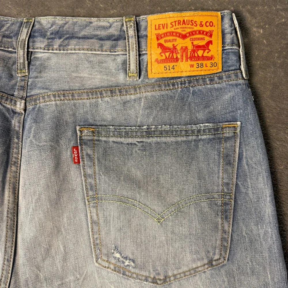 Levis 514 Straight Fit Mens 38x30 Distressed Light Wash Acid Denim Jeans